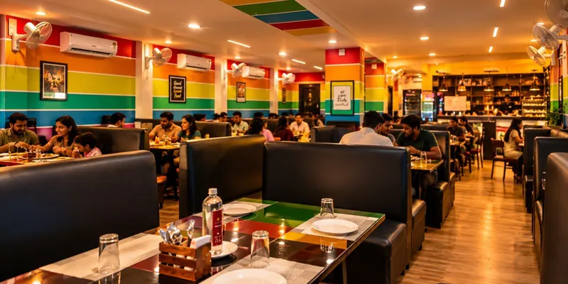 Spacious family dining and comfortable seating inside the main restaurant at Hotel CAPS