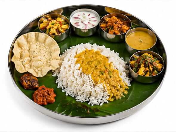 Meals wholesome traditional plated rice homestyle curries