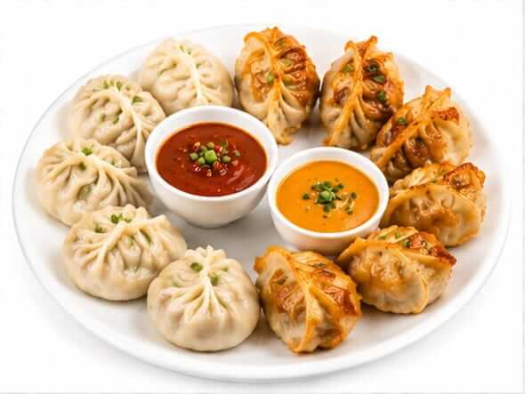 Momos Fried Steamed stuffed dumplings Asian appetizers