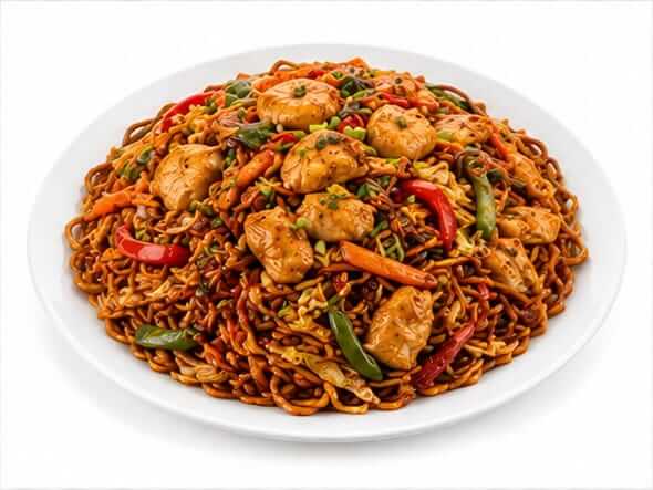 Schezwan Chicken Noodles intensely spicy red succulent pieces