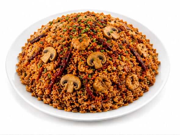 Schezwan Mushroom Fried Rice hot pungent earthy slices