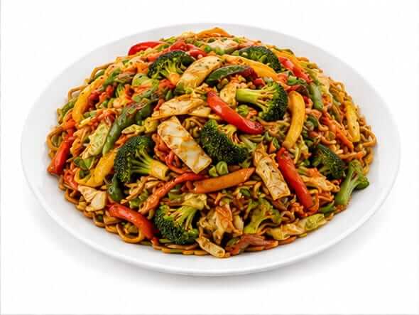 Schezwan Veg Noodles spicy garlic heavy tossed assortment